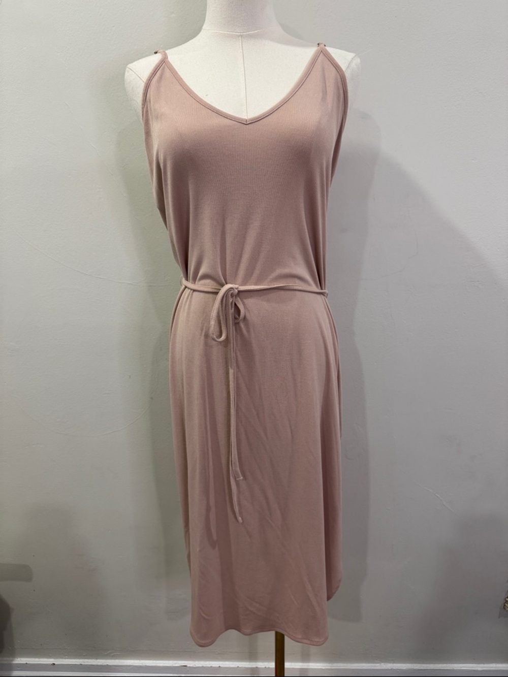 O’Neill Ribbed Modal Blend Midi Dress | Blush Pink Tie Waist | Size M - Picture 3 of 12